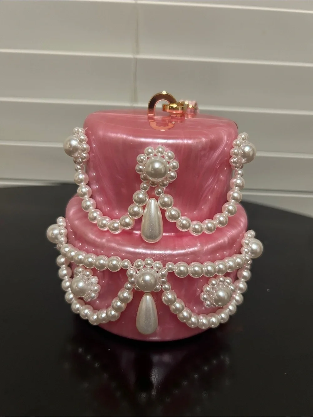 Pink Pearl-Embellished Jewelry Box Clutch
